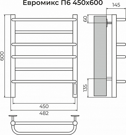 Евромикс П6 450х600 электро КС 9005 матовый ( new встроен диммер) Полотенцесушитель TERMINUS Нижневартовск - фото 3